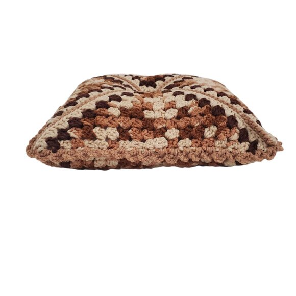 Vintage Handmade Crochet Throw Pillow Button Accent Brown Beige Retro 12x12 - Picture 3 of 6